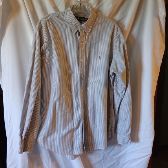 Ralph Lauren Men's Custom Fit Gray White Stripe Button Down Size L Brown Pony. - Picture 1 of 8